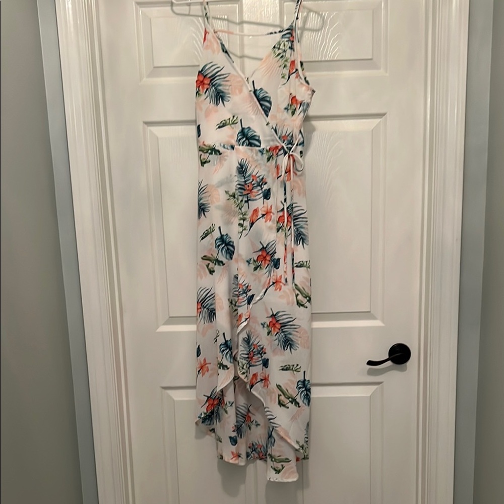 Lush Floral High Low Dress - White with Blue and Orange